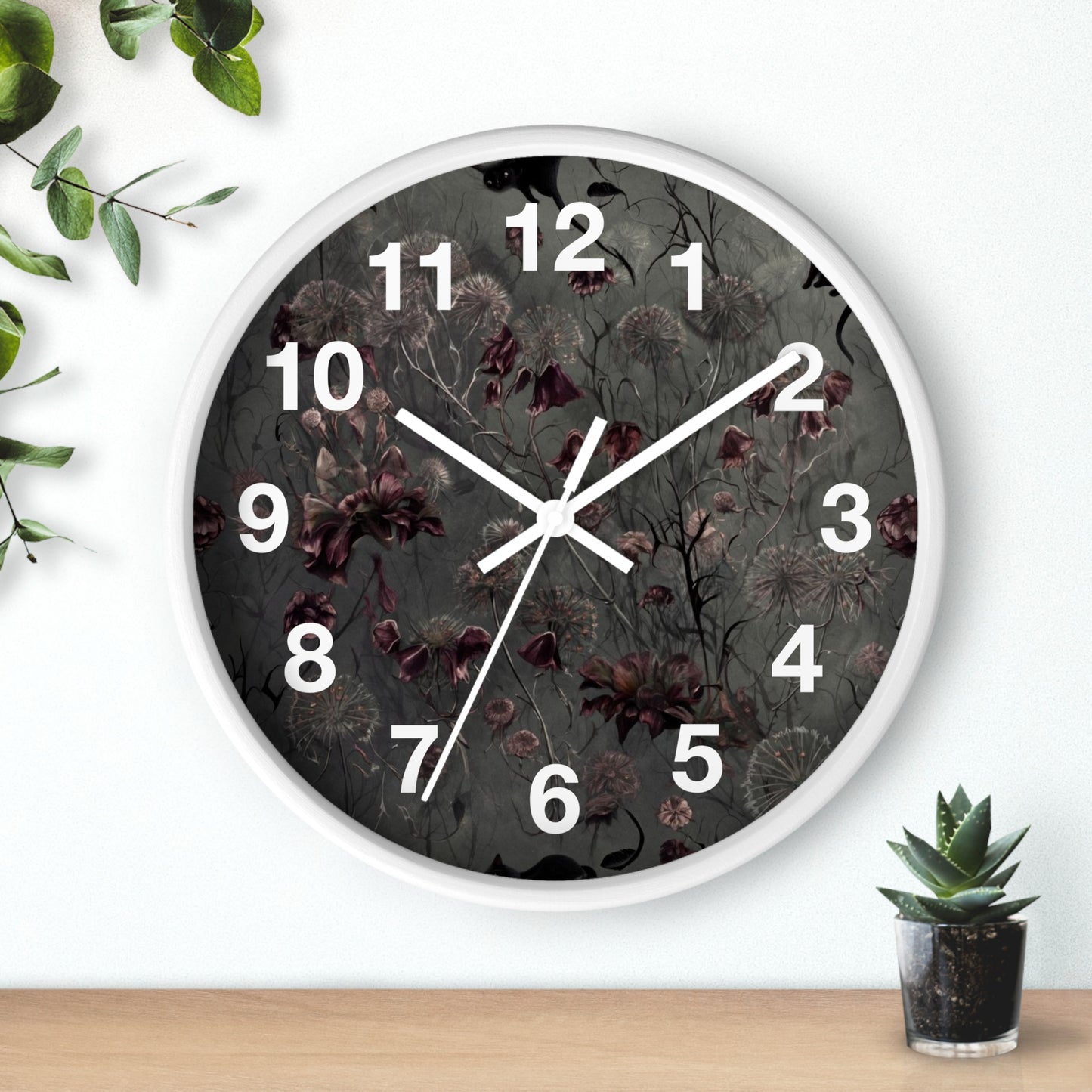 Vintage Dark Floral Wall Clock — Moody Botanical Timepiece with Large Numerals
