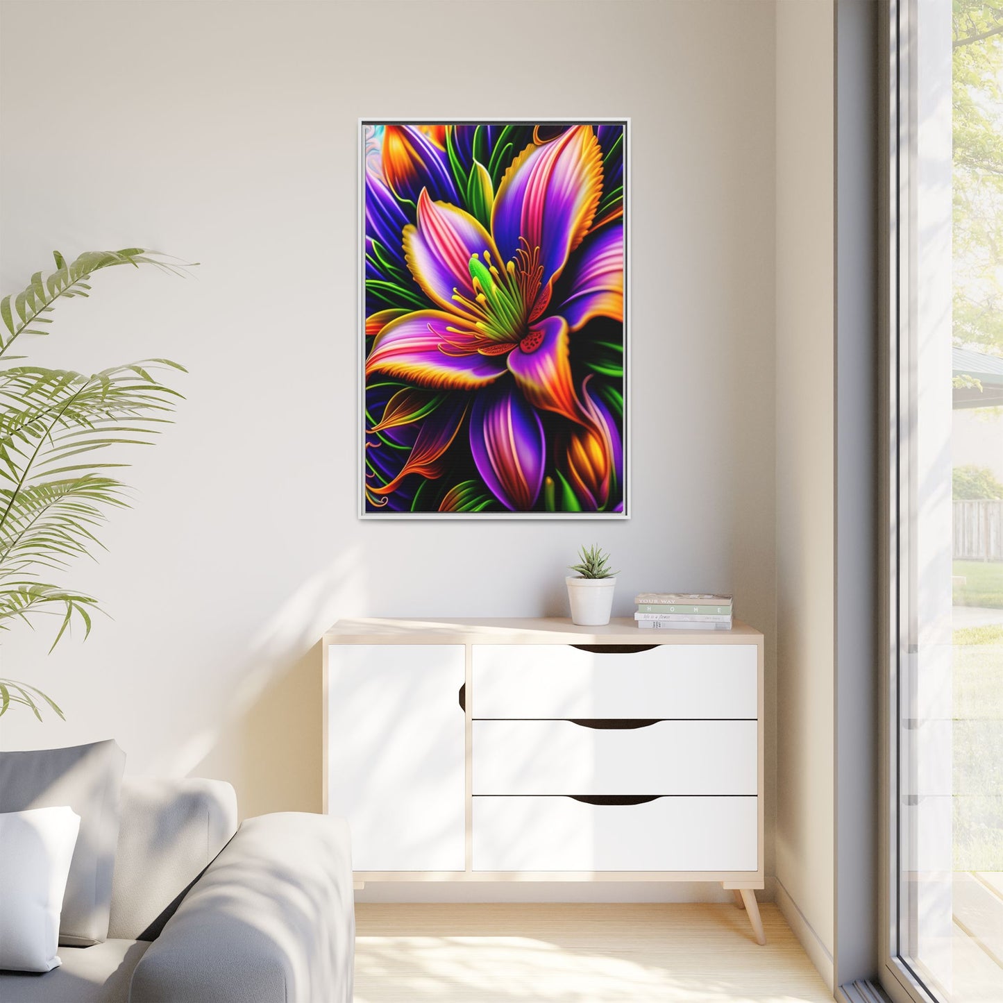 Vibrant Neon Floral Matte Canvas Print — Framed Wall Art