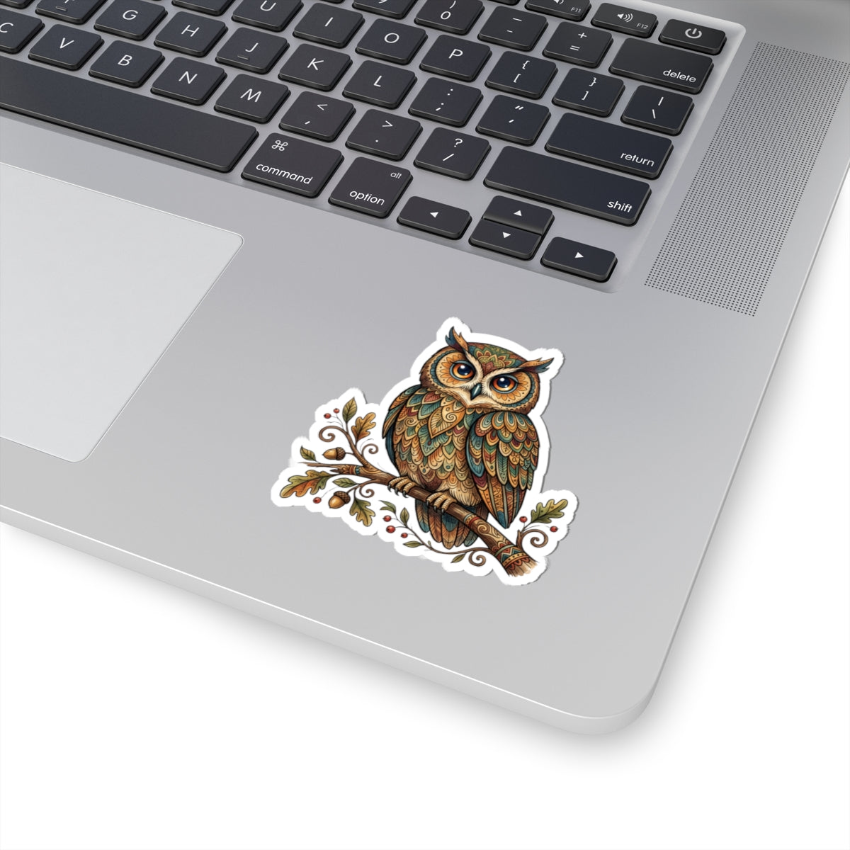 Owl Kiss-Cut Sticker — Detailed Boho Forest Owl on Branch (Laptop, Journal, Water Bottle Decal)