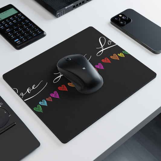 Love Rainbow Hearts Mouse Pad — Black Rectangular Desk Mat with Colorful Heart Border