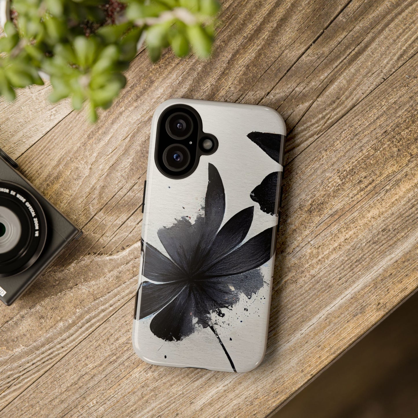 Monochrome Floral Tough Phone Case — Black Ink Flower Protective Cover
