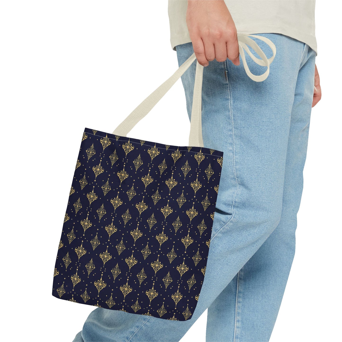 Navy & Gold Art Deco Tote Bag — Elegant Geometric Pattern All-Over Print
