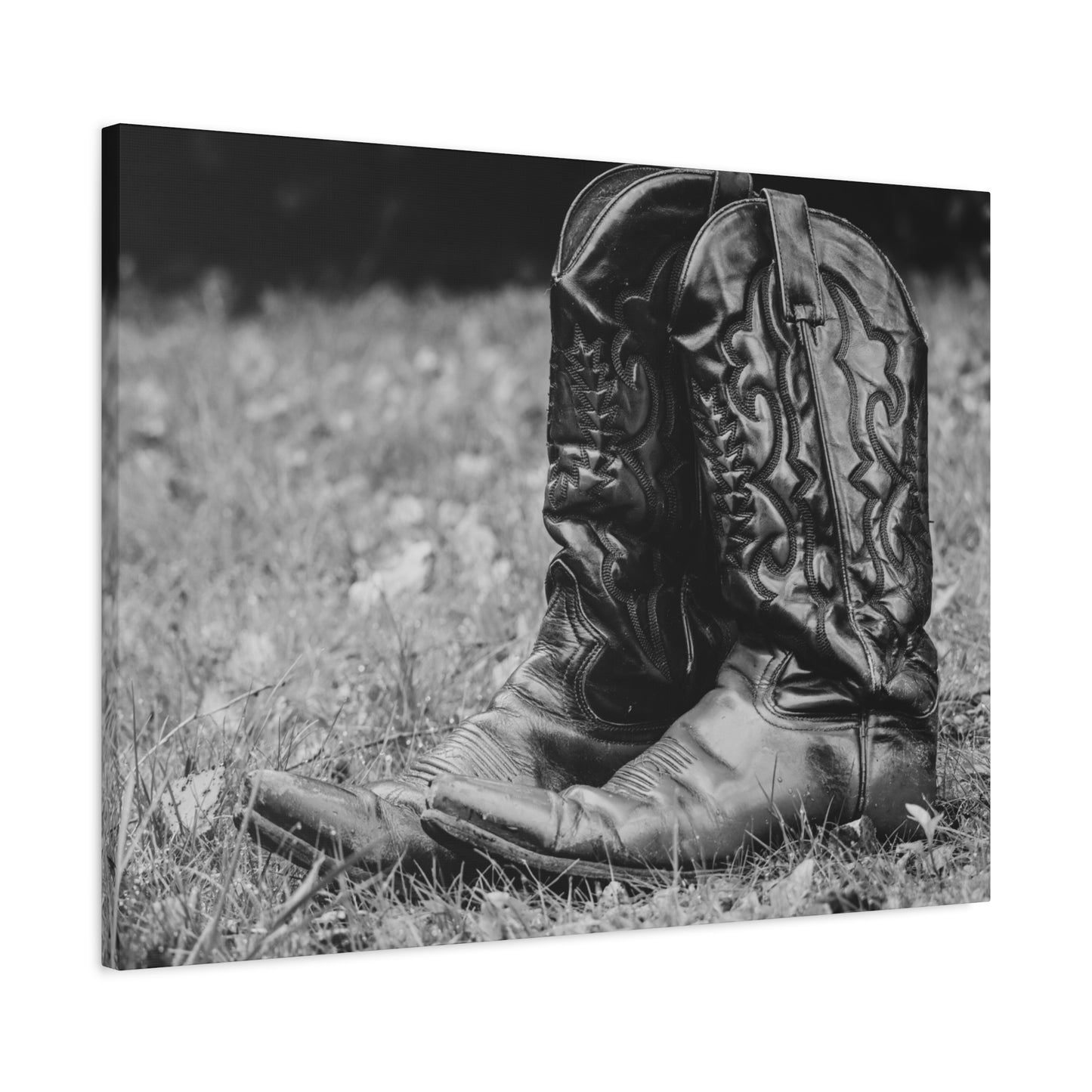 Western Cowboy Boots Matte Canvas Wall Art – Black & White Rustic Country Decor
