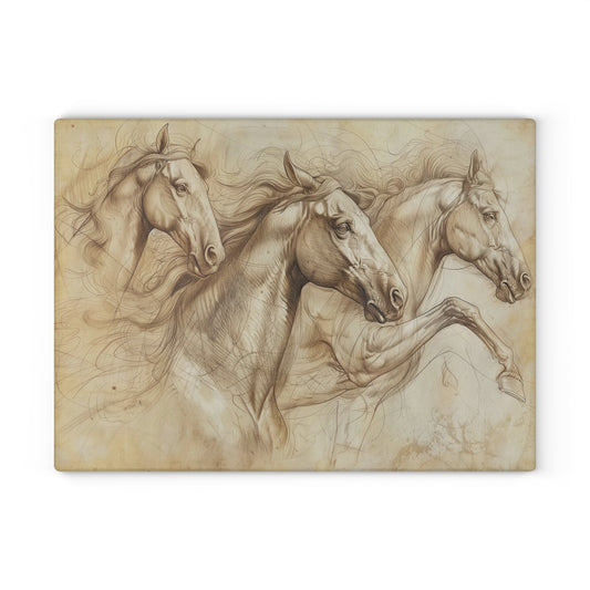 Glass Cutting Board — Vintage Pencil Horse Art Kitchen Decor