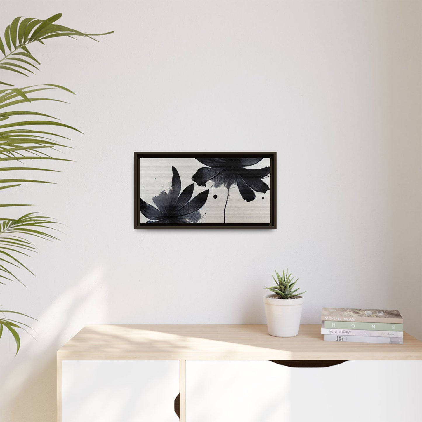 Framed Black Floral Matte Canvas Wall Art — Monochrome Botanical Print