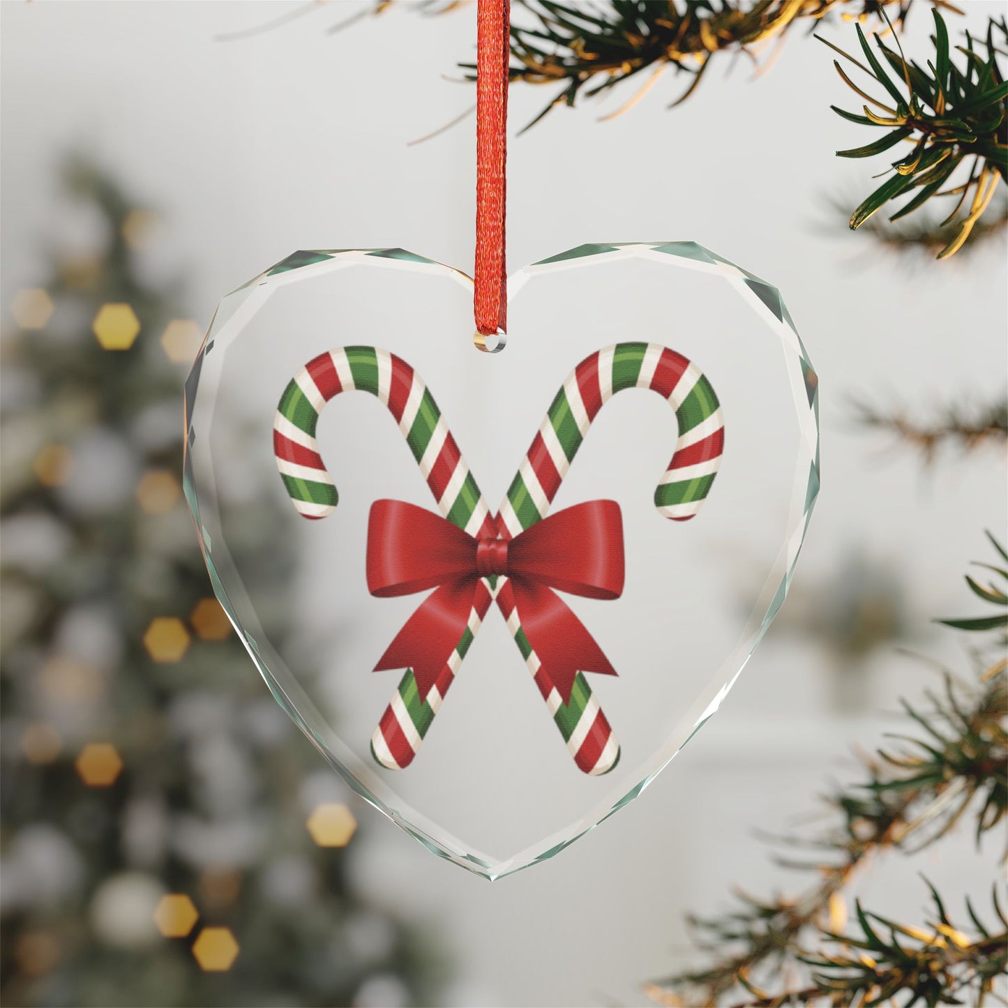 Candy Cane Bow Crystal Glass Ornament — Heart-Shaped Christmas Tree Decoration