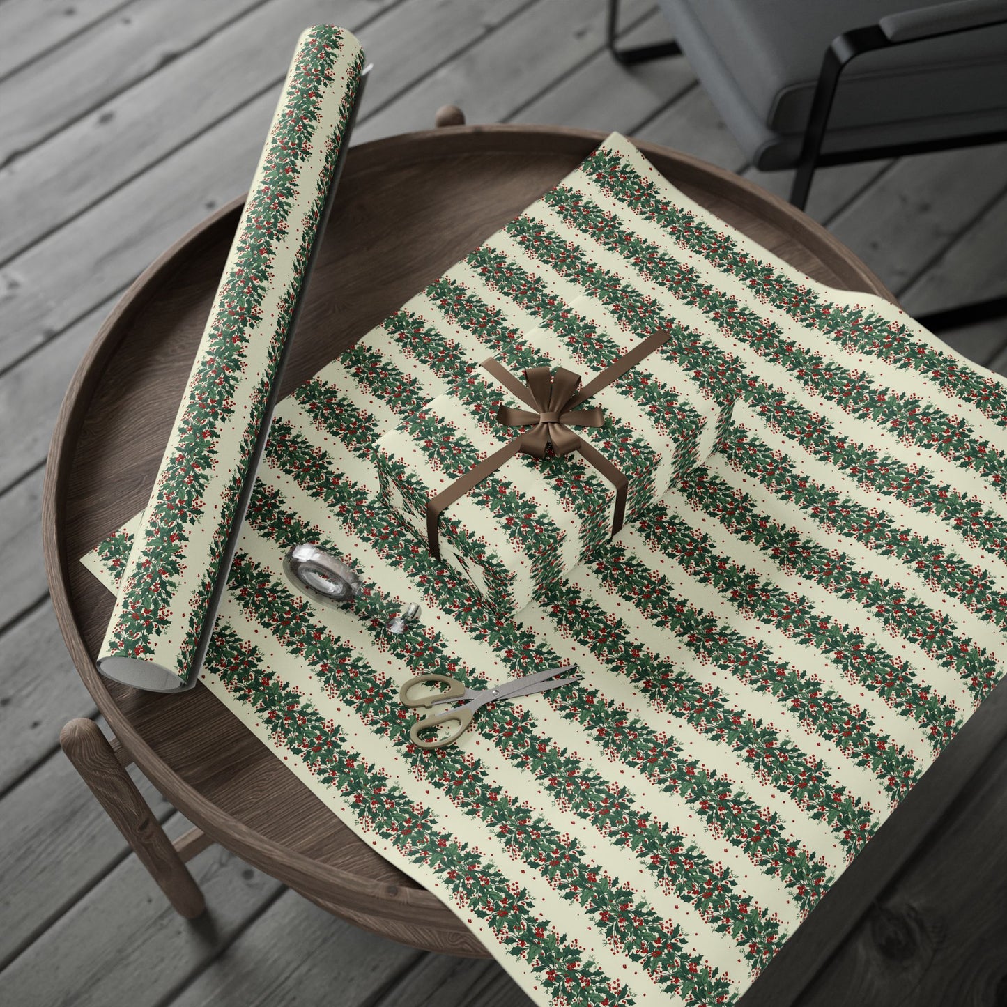 Wrapping Paper Roll — Festive Green Wreath & Red Berry Holiday Wrap
