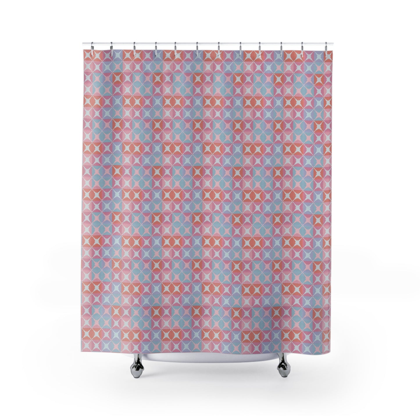 Geometric Pastel Shower Curtain — Retro Tile Pattern in Pink & Blue