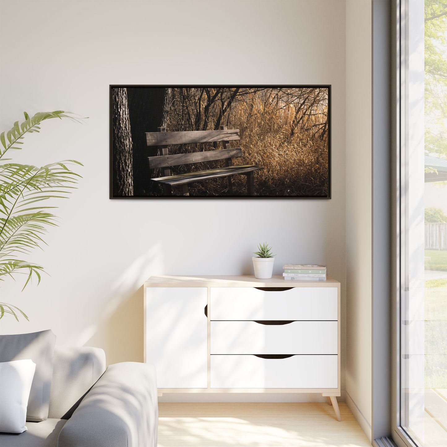 Framed Matte Canvas Print — Autumn Park Bench Photography