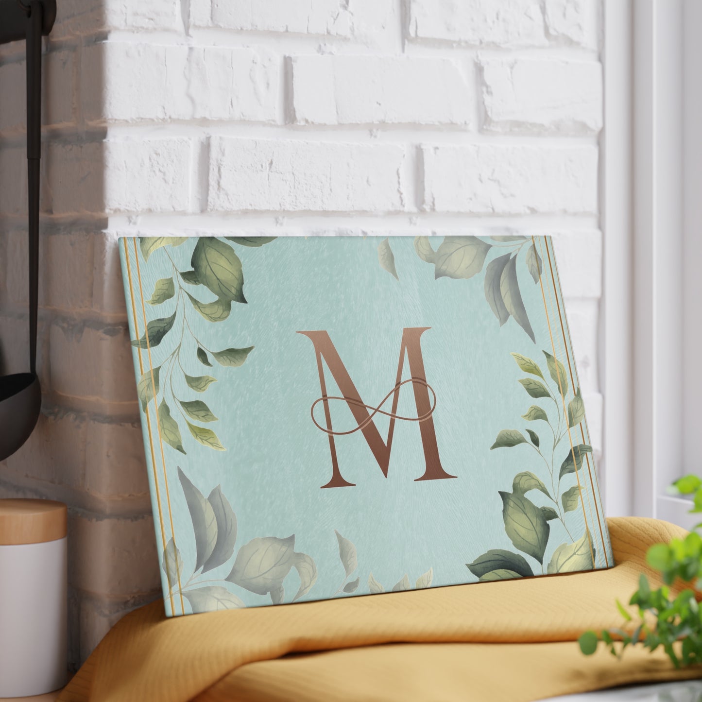 Monogram M Glass Cutting Board — Floral Mint Kitchen Decor