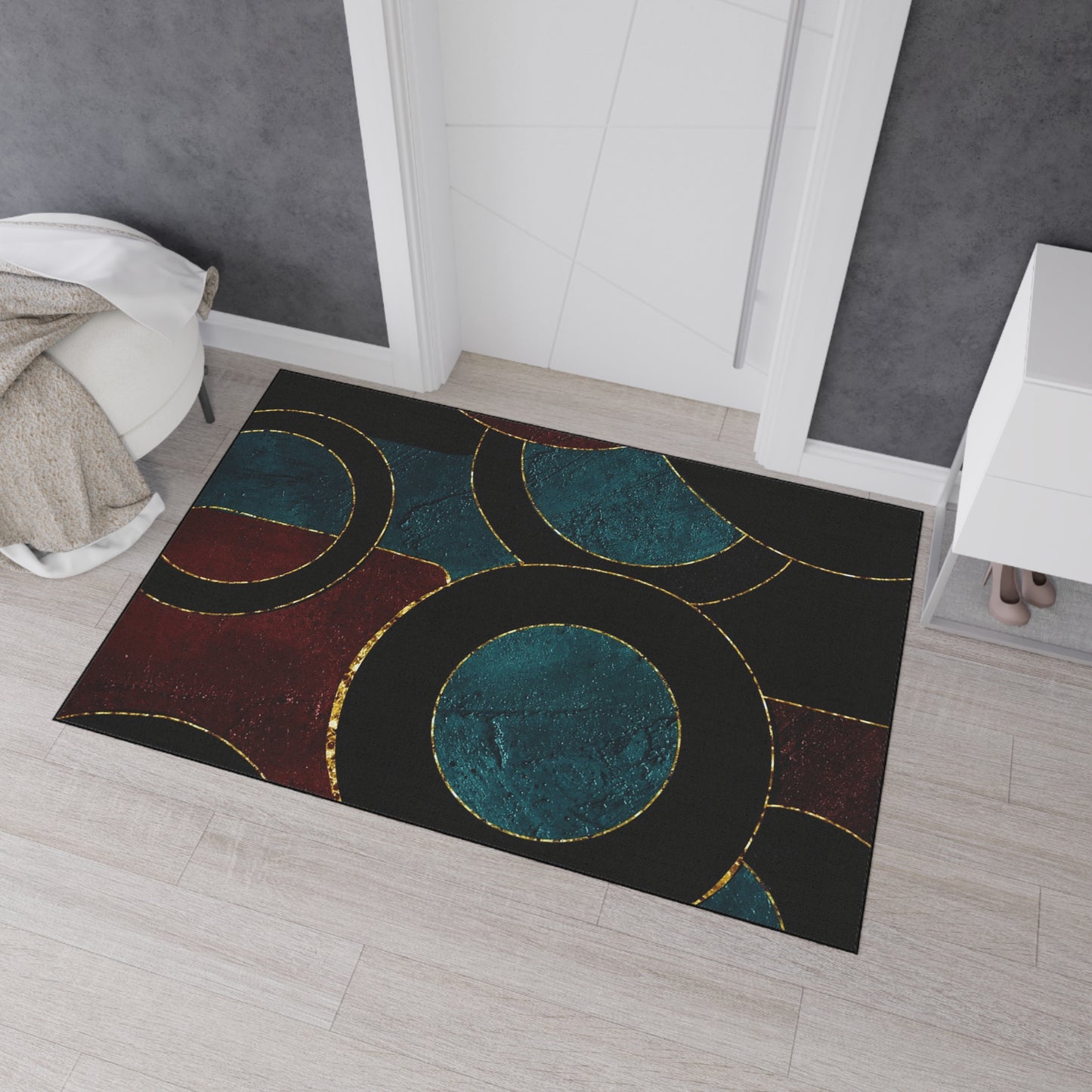 Heavy-Duty Floor Mat — Teal & Burgundy Modern Circle Entry Rug