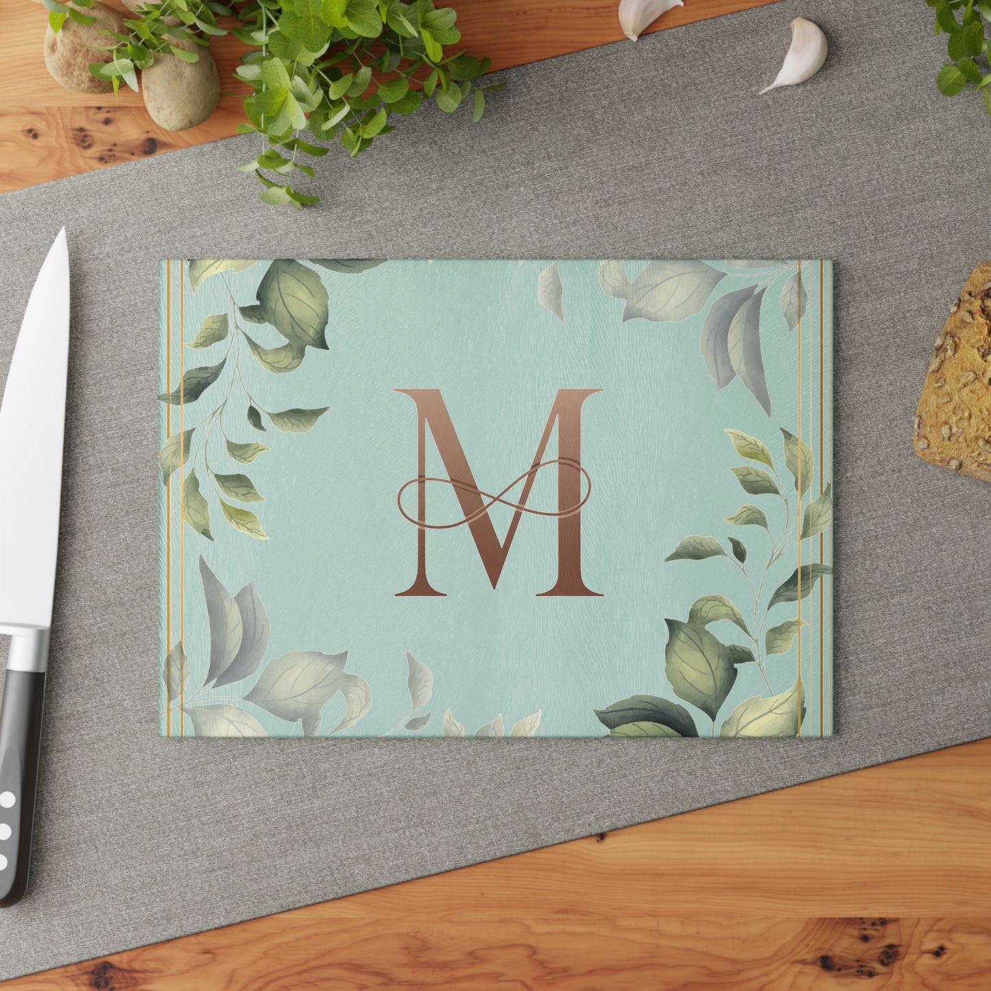 Monogram M Glass Cutting Board — Floral Mint Kitchen Decor