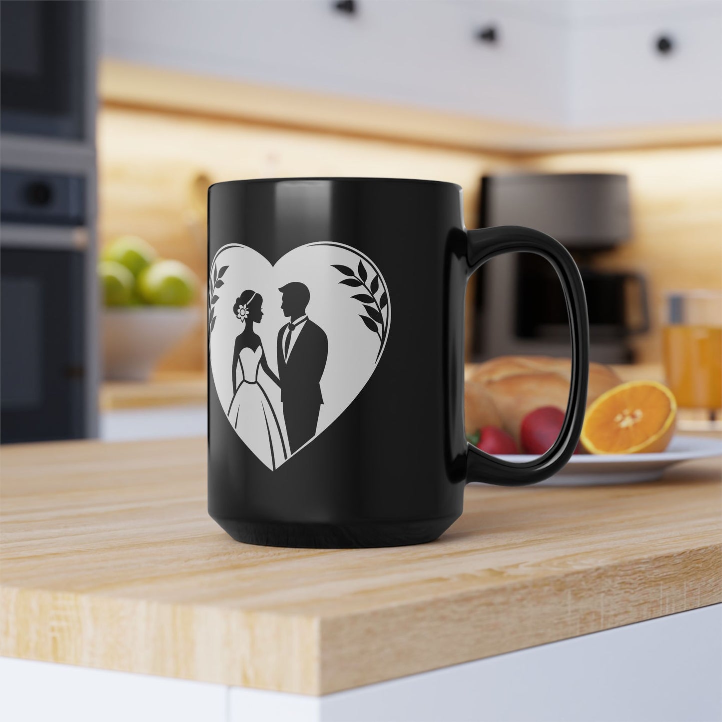 Wedding Couple Heart Black Mug — 15oz Brides & Grooms Coffee Cup