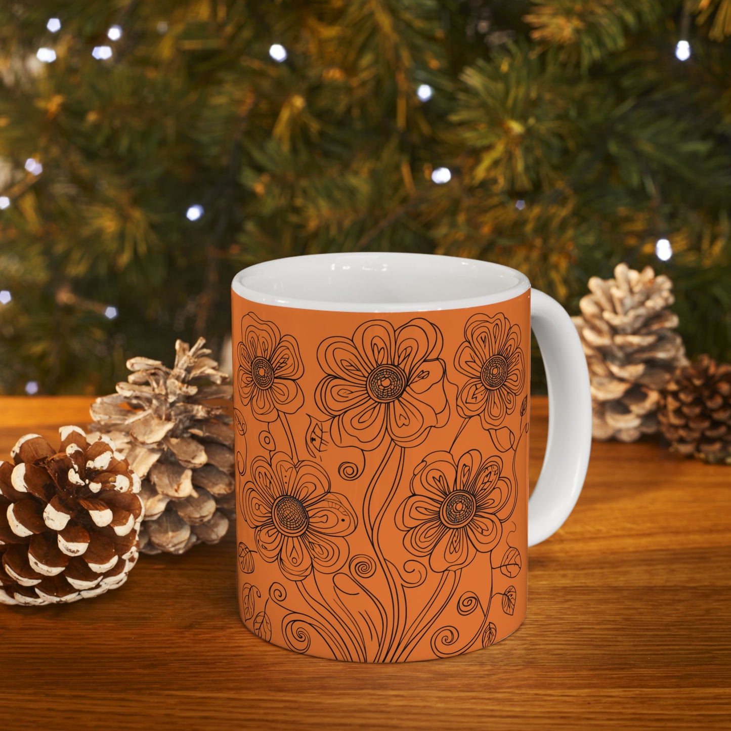Orange Floral Ceramic Mug — Hand-Drawn Flower Pattern Coffee Tea Cup (11oz, 15oz)
