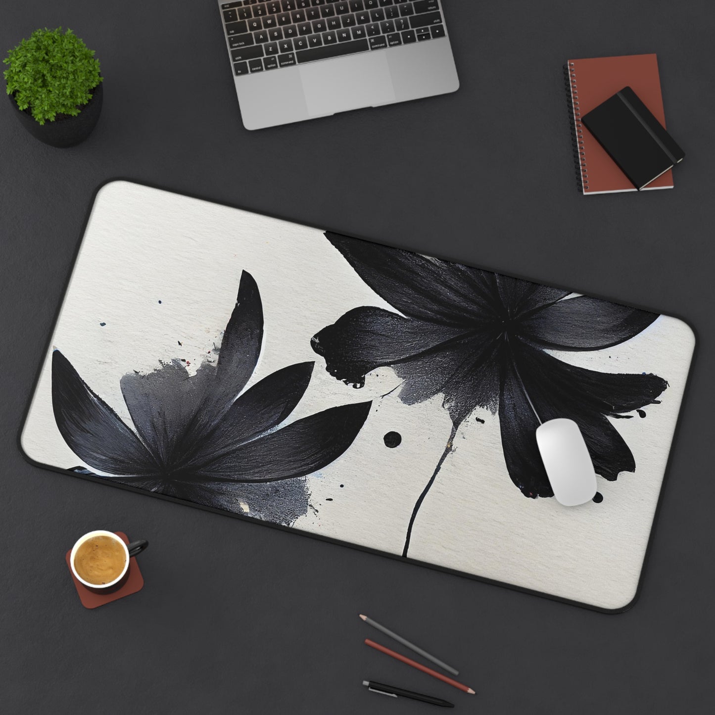 Black Ink Floral Desk Mat — Minimalist Monochrome Mousepad for Office & Home