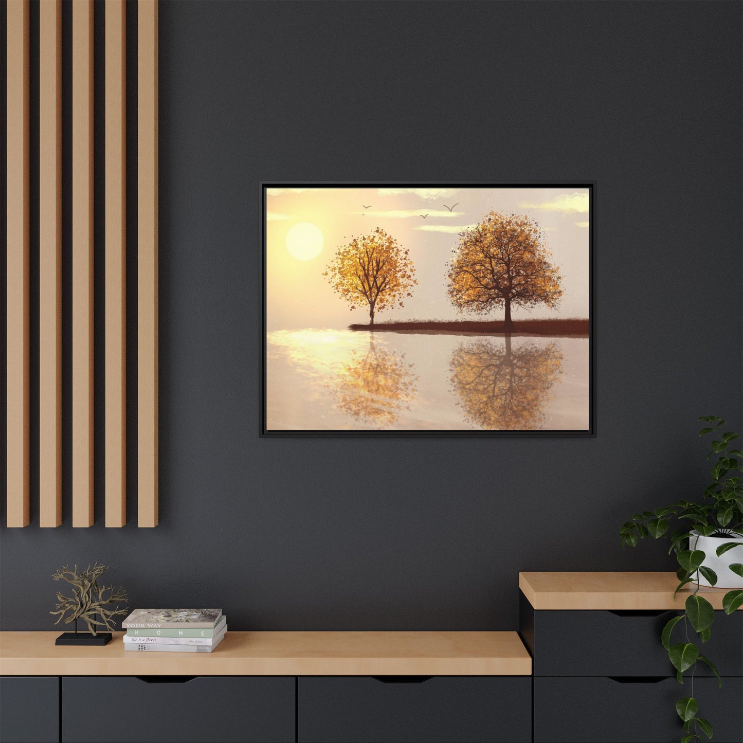 Framed Matte Canvas Wall Art — Golden Autumn Trees Reflection