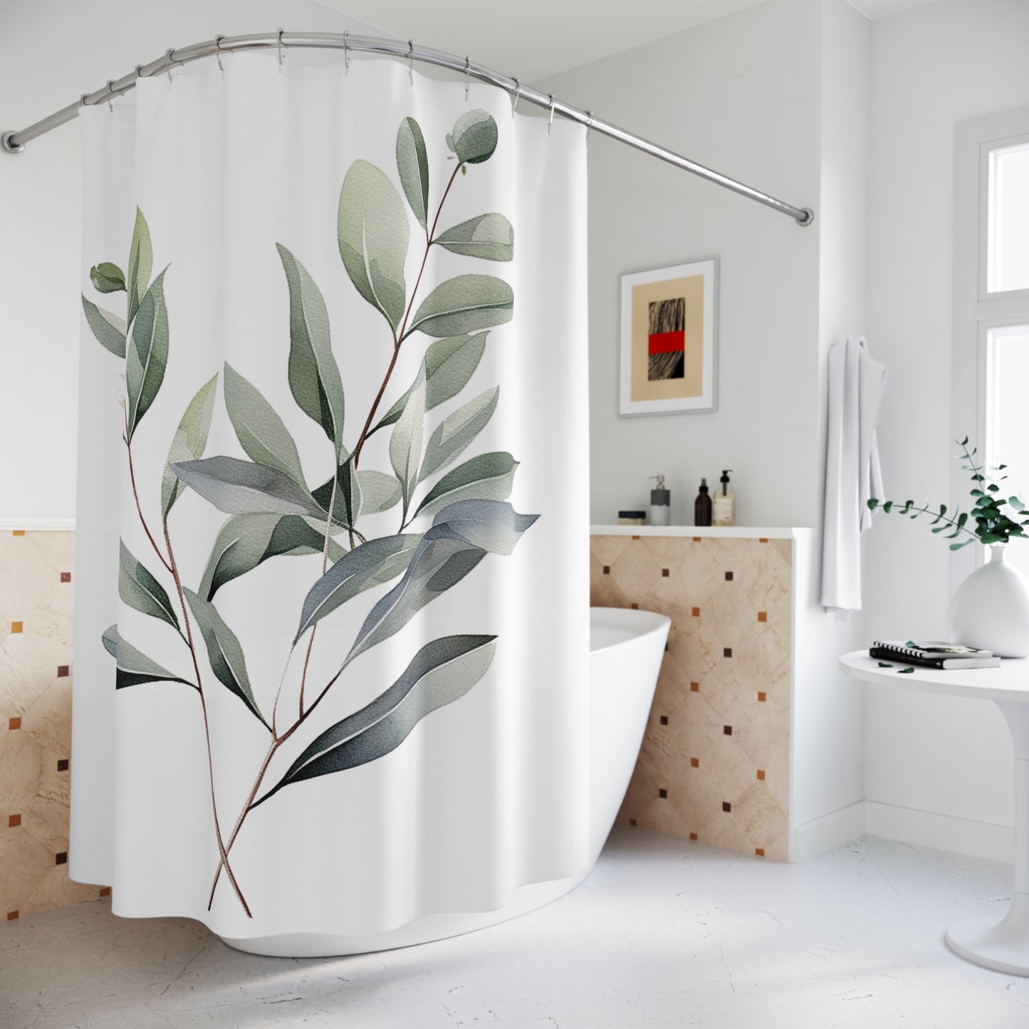 Eucalyptus Botanical Shower Curtain — Minimal Green Leaf Bathroom Decor