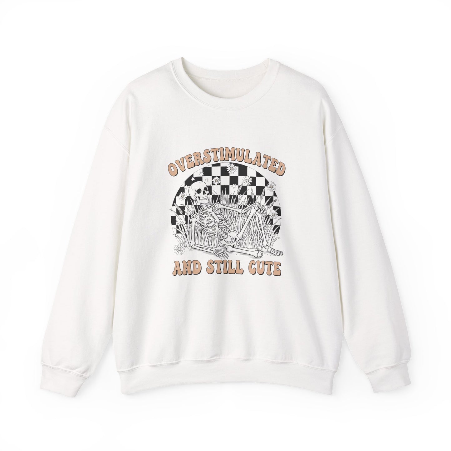 Sweatshirt — "Overstimulated and Still Cute" Skull Checkerboard Graphic Crewneck