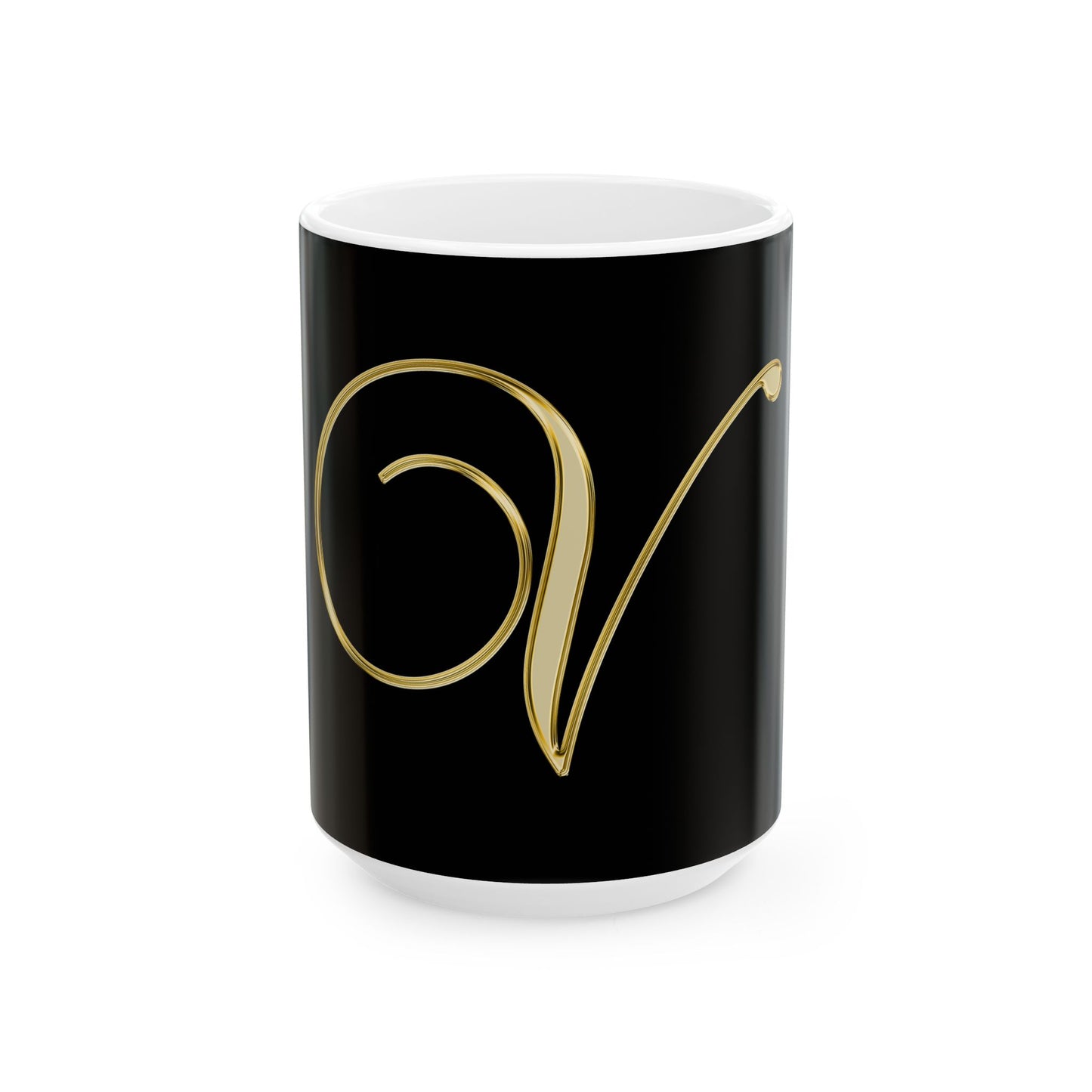 Gold Script Letter V Ceramic Mug — Elegant Monogram Coffee Cup (11oz, 15oz)