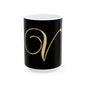 Gold Script Letter V Ceramic Mug — Elegant Monogram Coffee Cup (11oz, 15oz)