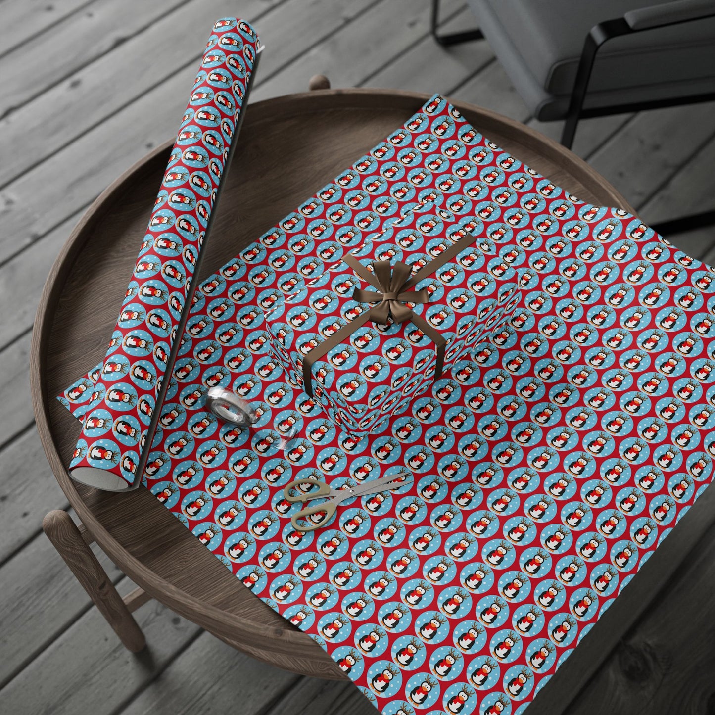 Wrapping Paper Roll — Festive Penguin Pattern Holiday Gift Wrap