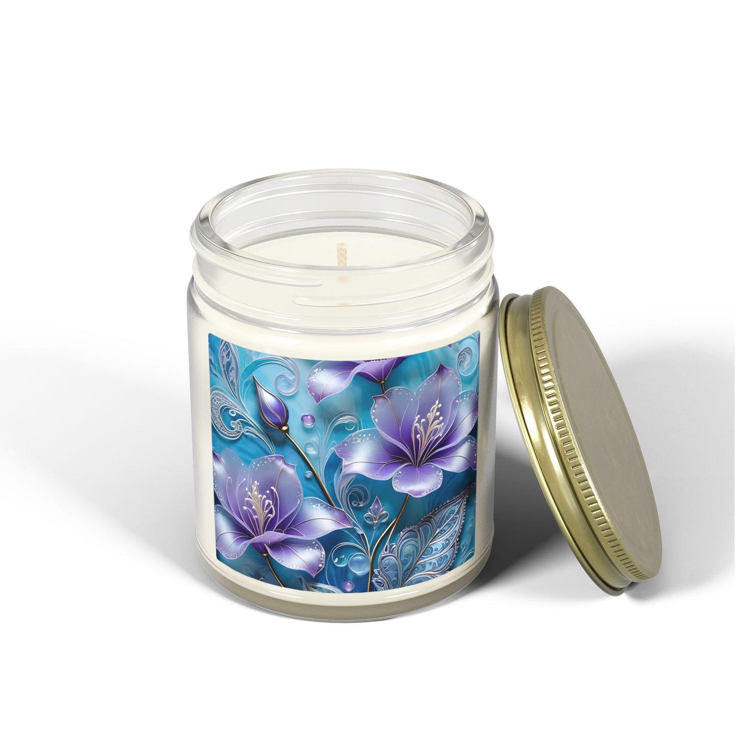 Scented Candle — Coconut Apricot Wax (4oz & 9oz) with Blue Floral Art