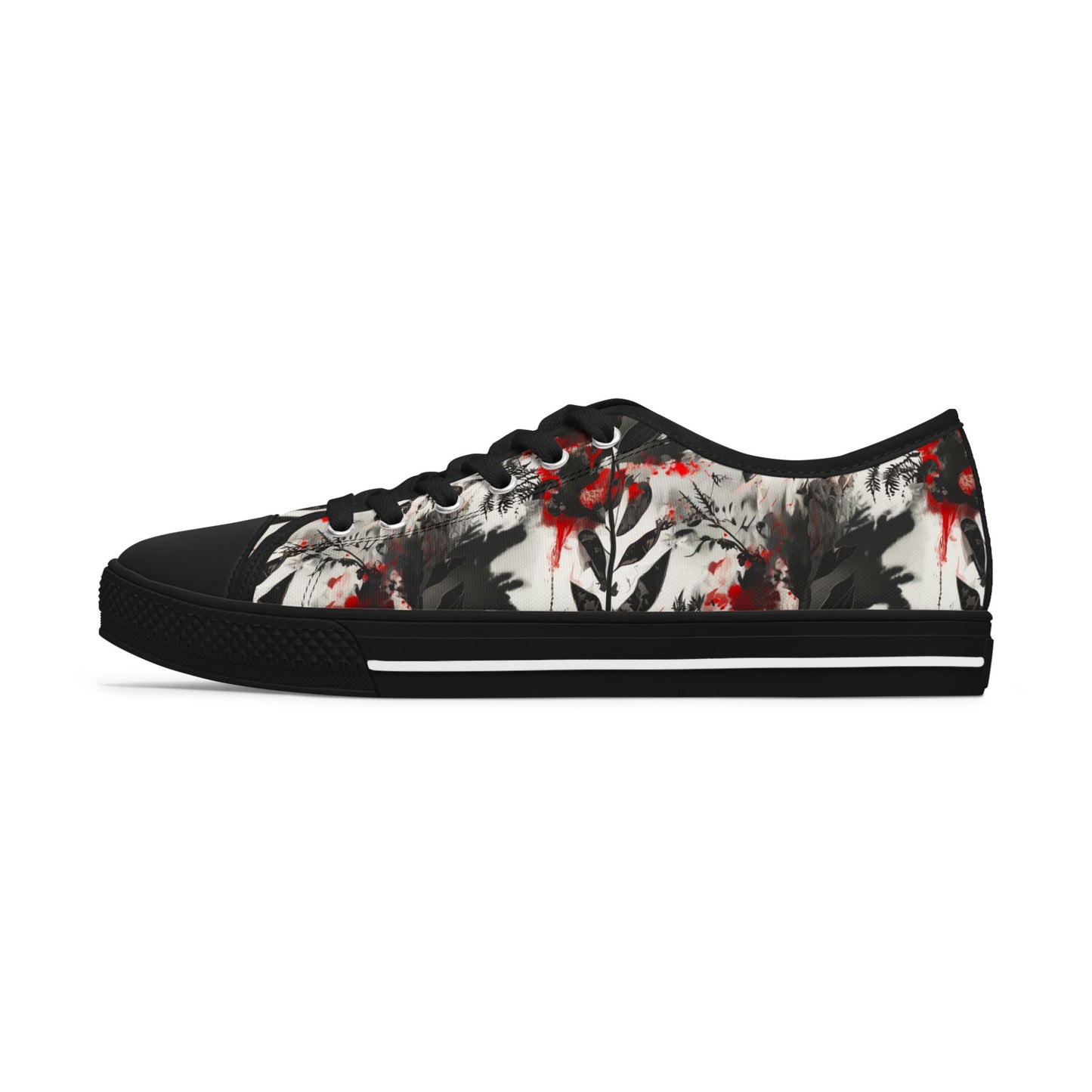 Floral Ink-Blend Low Top Sneakers — Artistic Black & Red Canvas Shoes