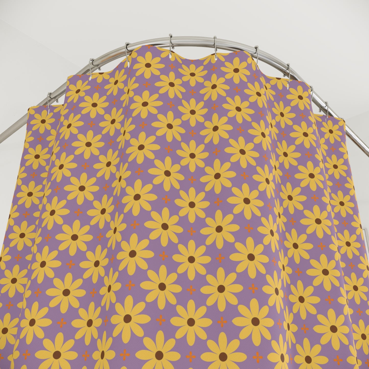 Floral Daisy Pattern Shower Curtain — Retro Yellow Flowers on Lilac Background