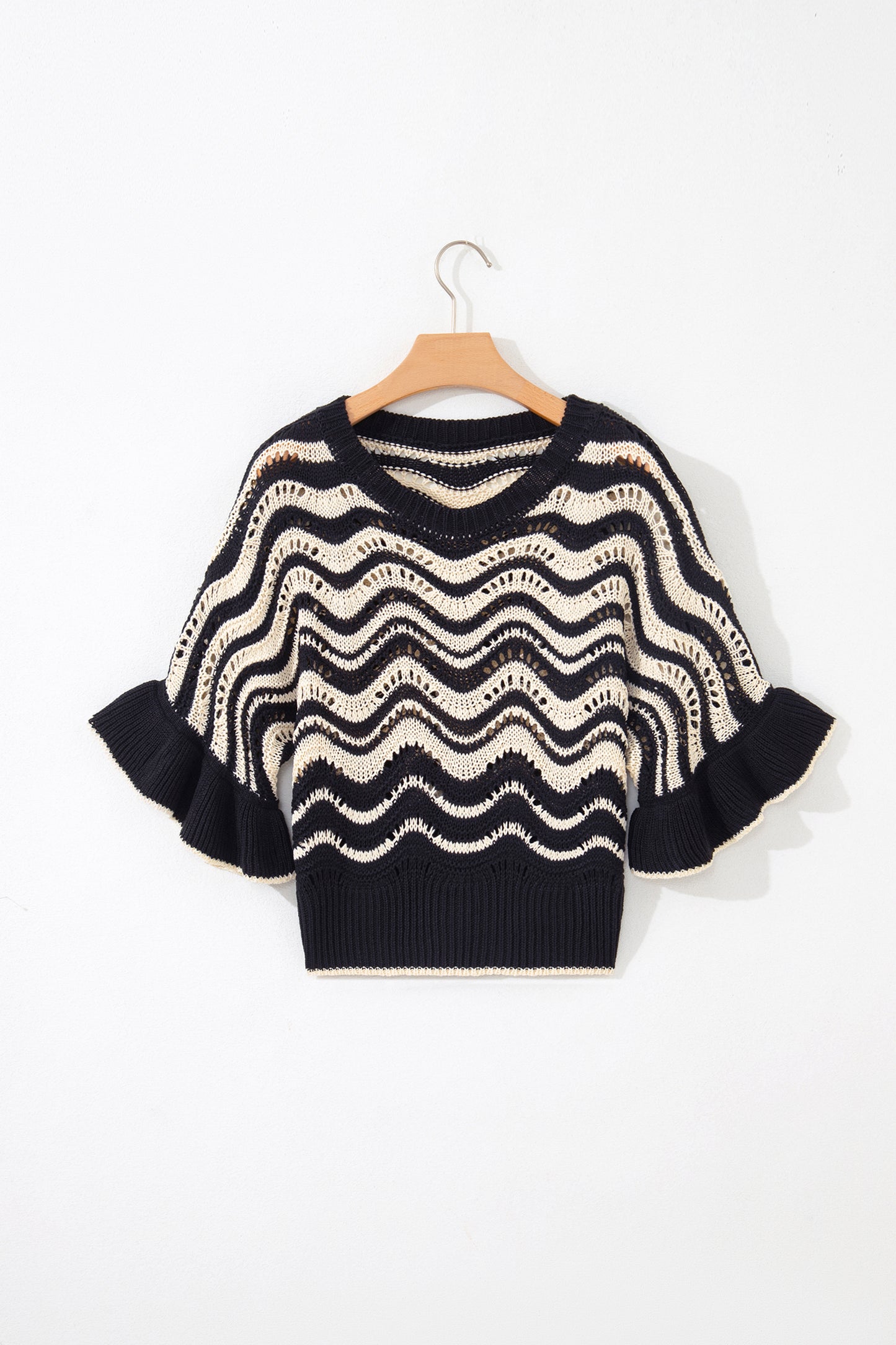 Black Stripe Wavy Crochet Eyelet Detail Ruffle Half Sleeve Sweater