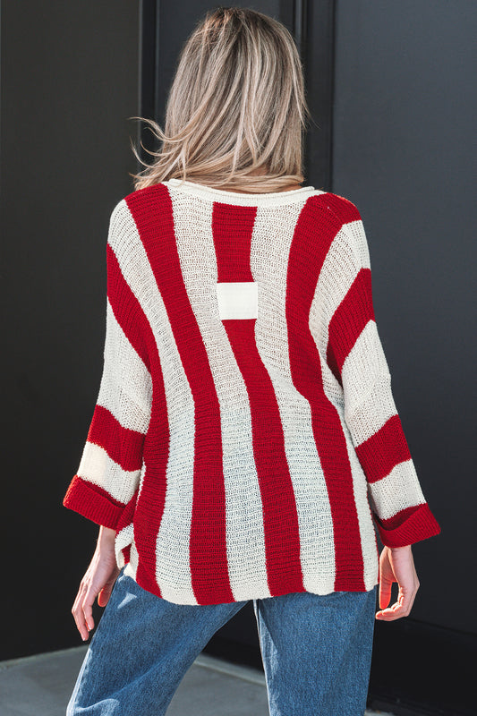 Red Stripe Colorblock V Neck Bracelet Sleeve Sweater