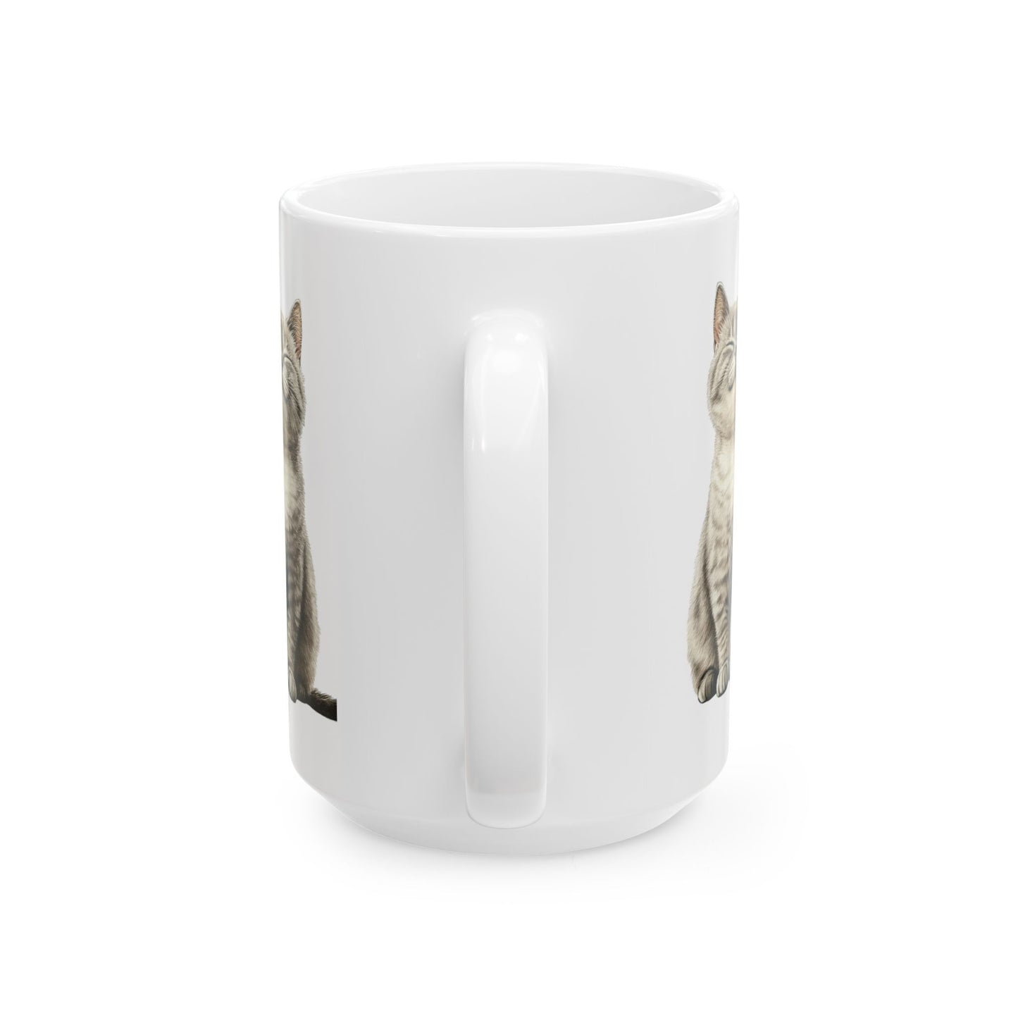 Smiling Grey Tabby Cat Ceramic Mug — Cute Cat Lover Coffee Cup (11oz & 15oz)
