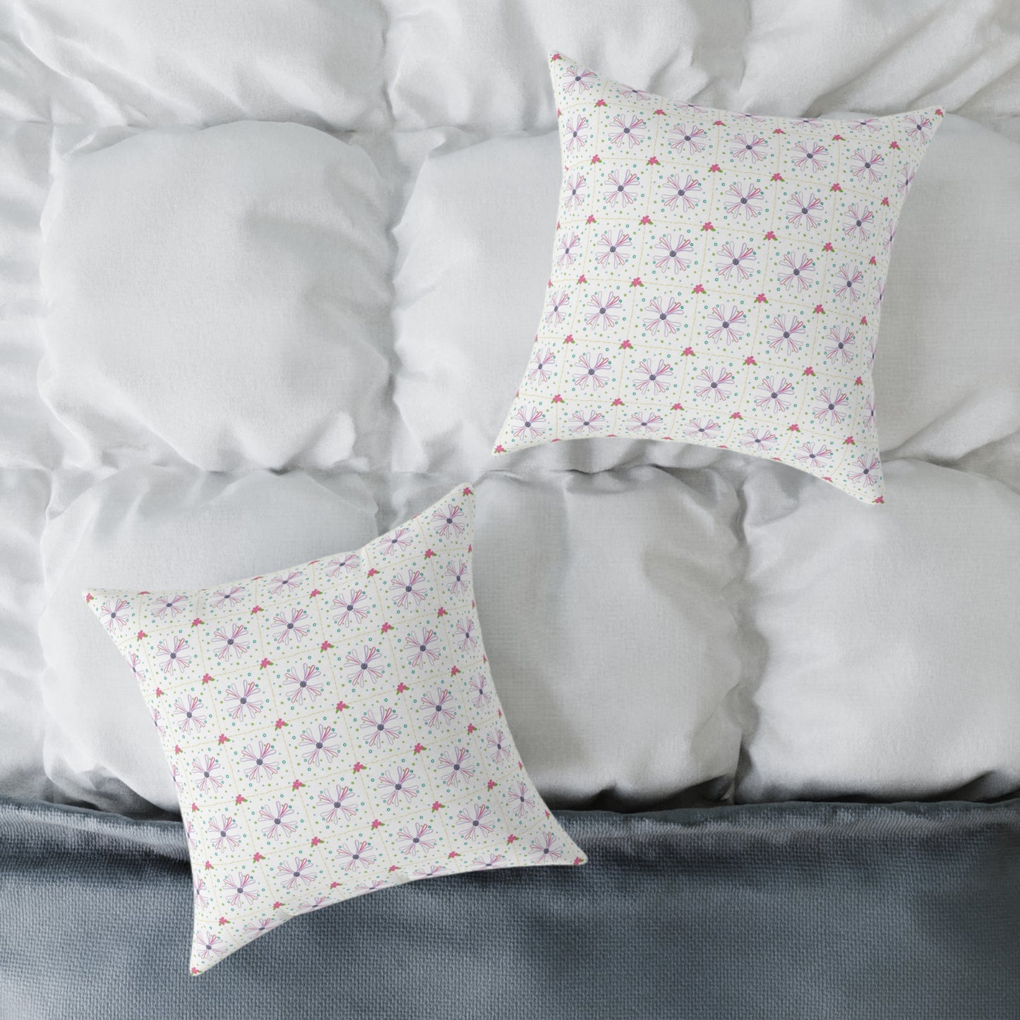 Floral Geometric Square Pillow – Pink & Lavender Patterned Throw Cushion