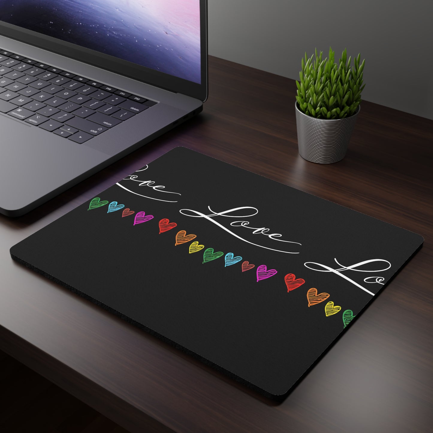Love Rainbow Hearts Mouse Pad — Black Rectangular Desk Mat with Colorful Heart Border