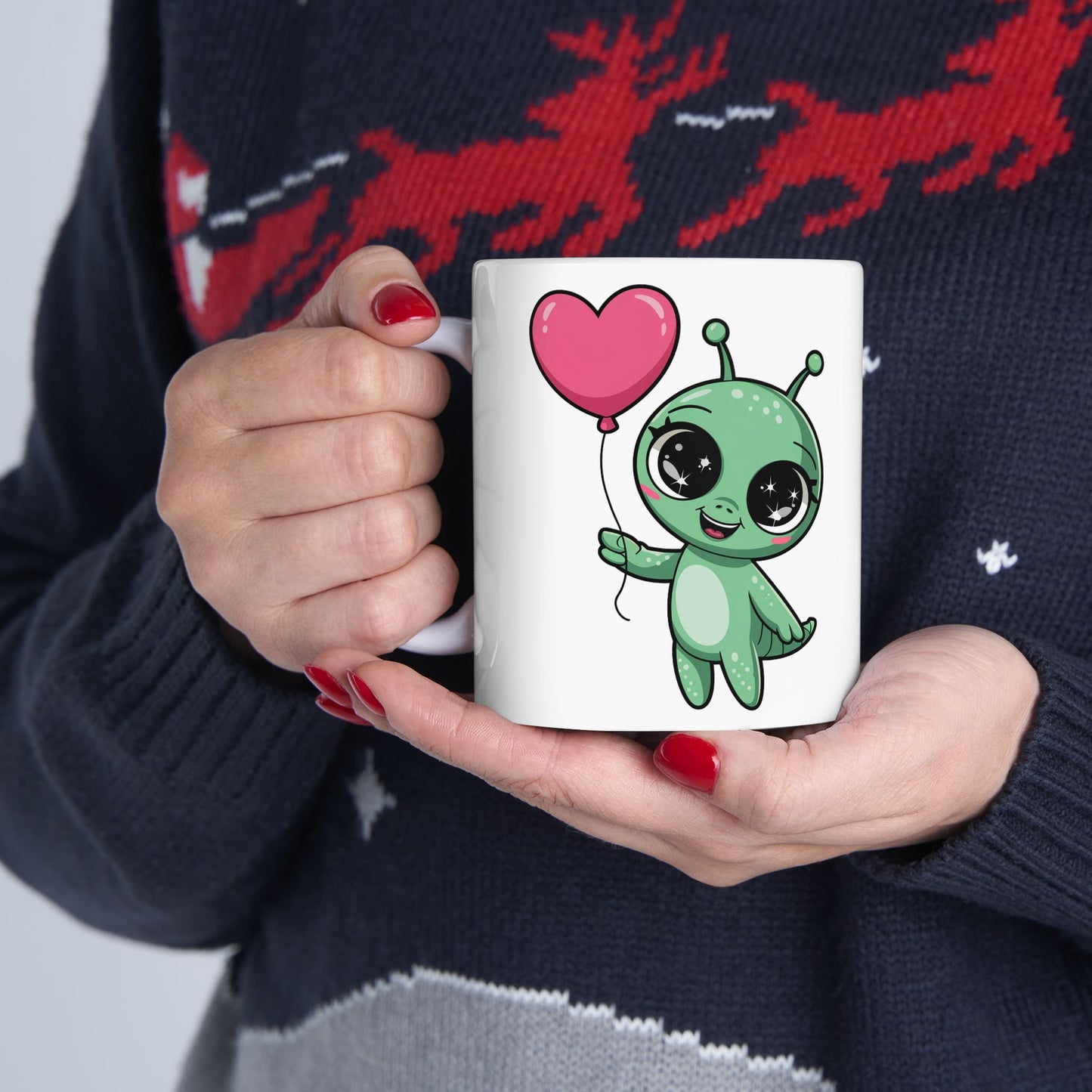 Cute Alien Holding Heart Balloon Ceramic Mug — 11oz & 15oz Gift Mug