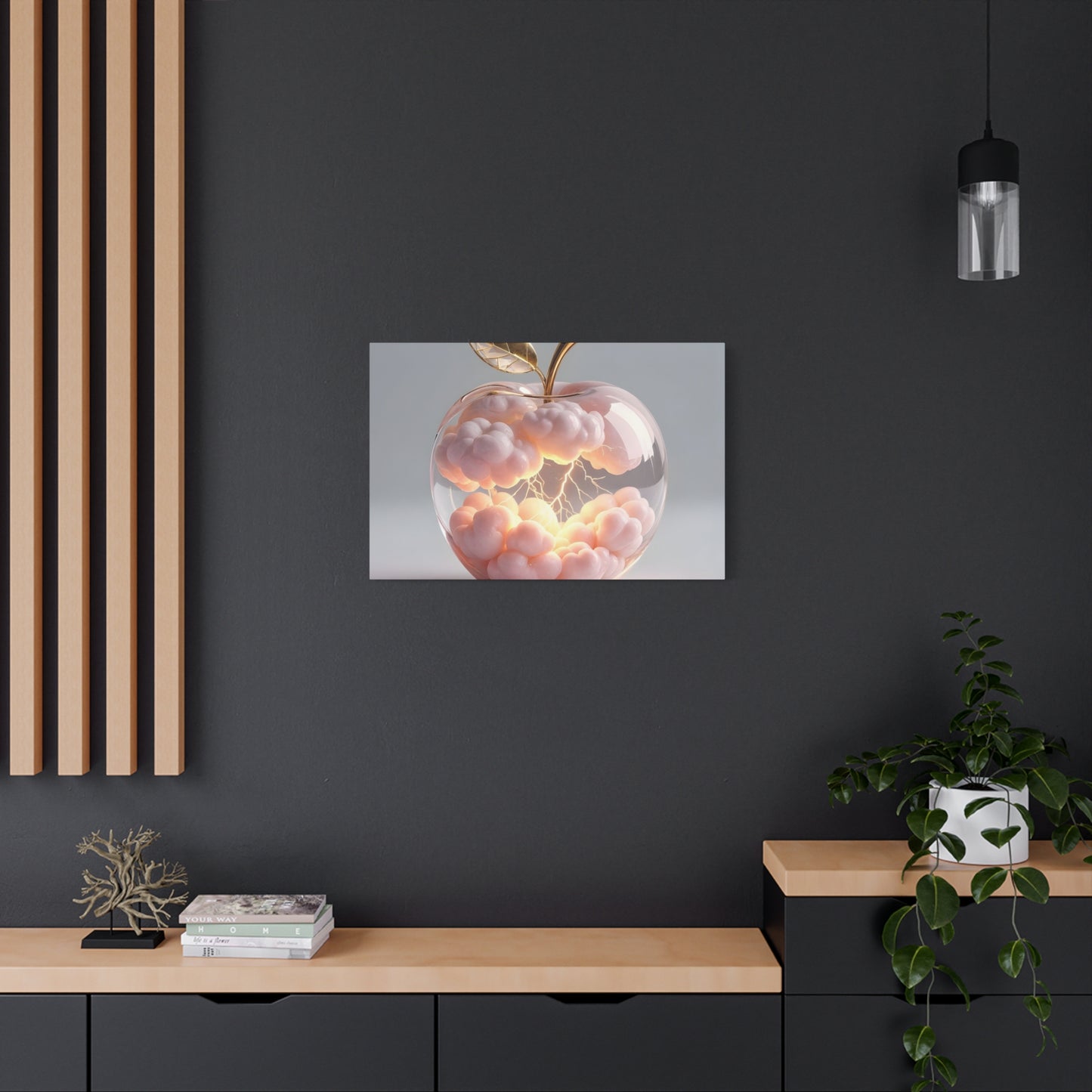 Surreal Glass Apple Canvas – Lightning & Pink Clouds Wall Art