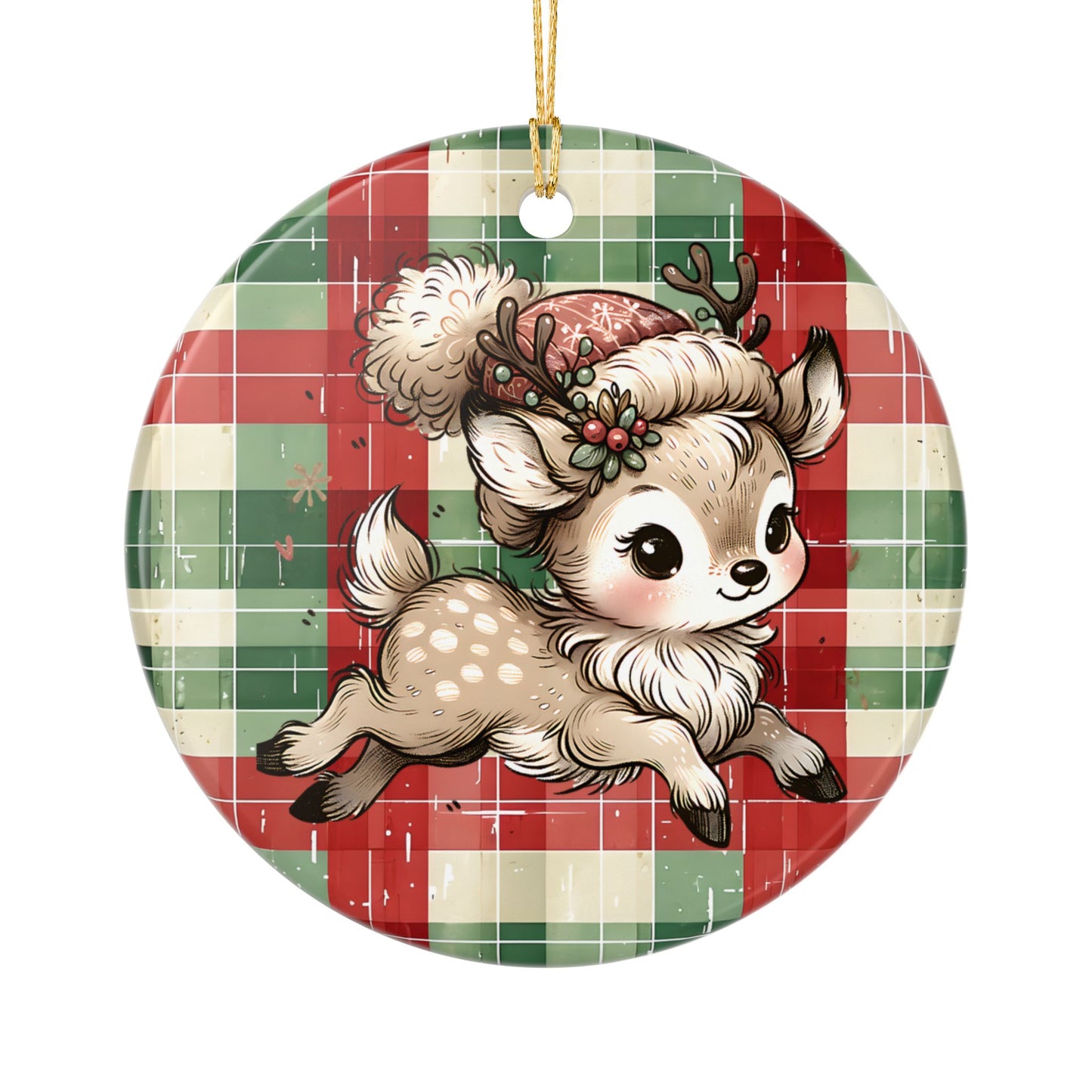 Cute Reindeer Plaid Ceramic Christmas Ornament (Double-Sided)