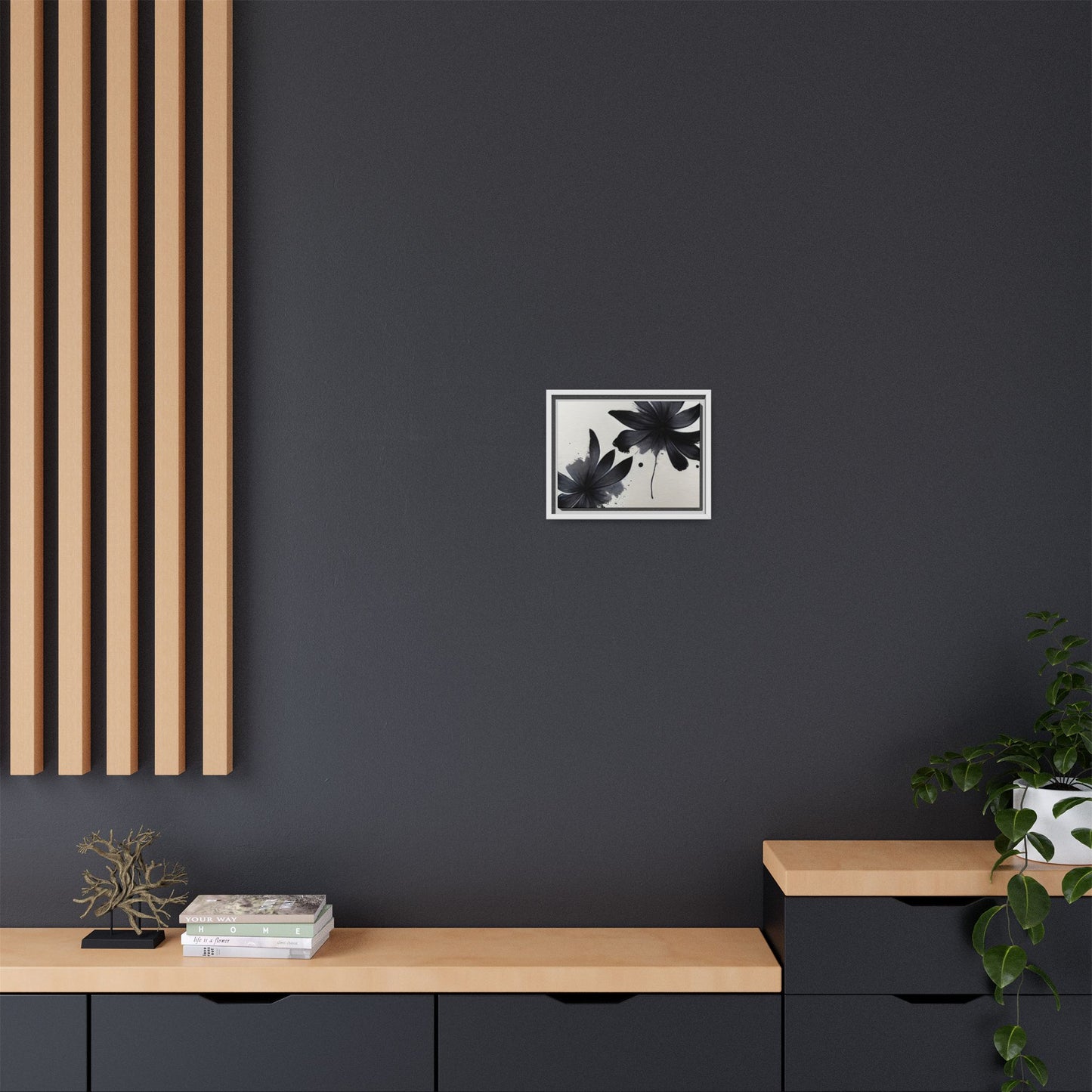 Framed Black Floral Matte Canvas Wall Art — Monochrome Botanical Print