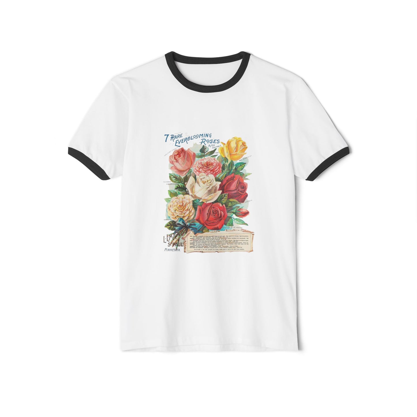 Ringer T-Shirt - Vintage Botanical Rose Bouquet (Includes Floral Text)