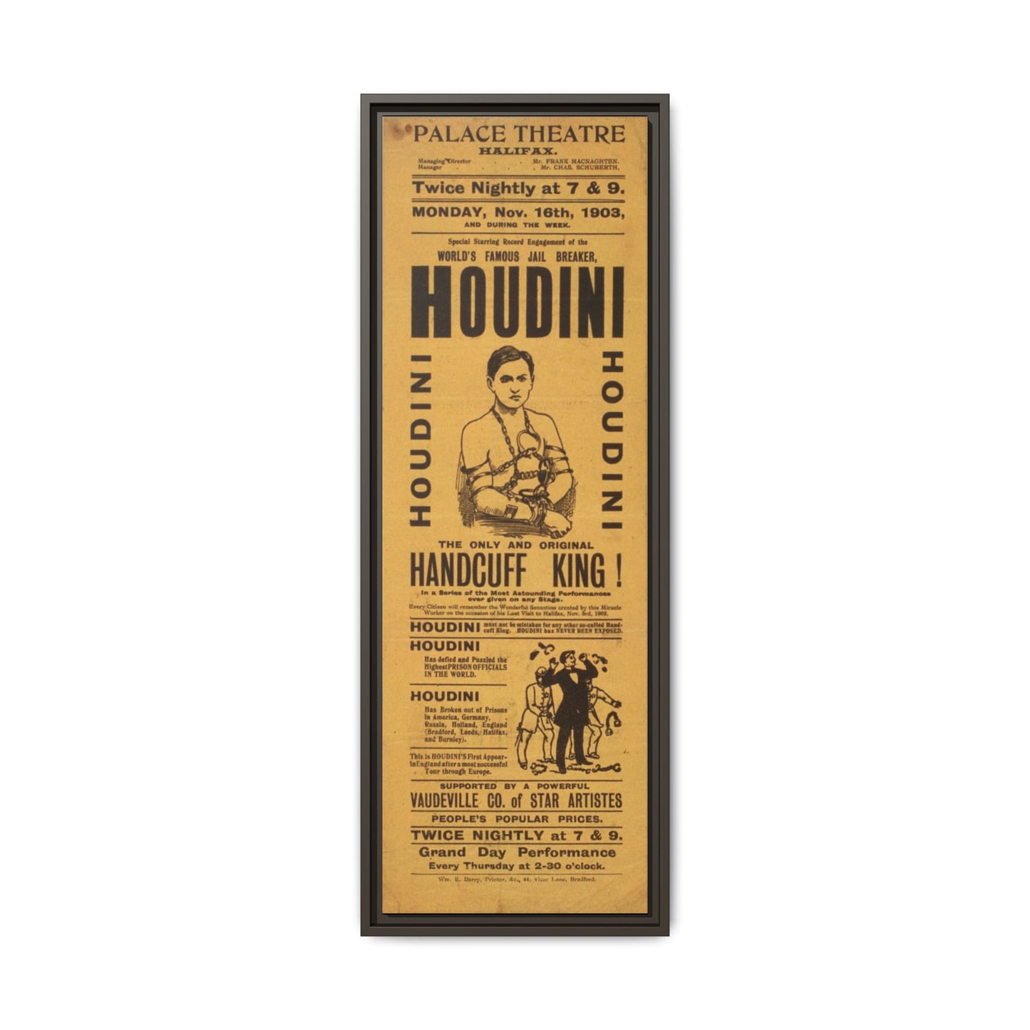 Houdini Vintage Poster Matte Canvas Print (Framed)