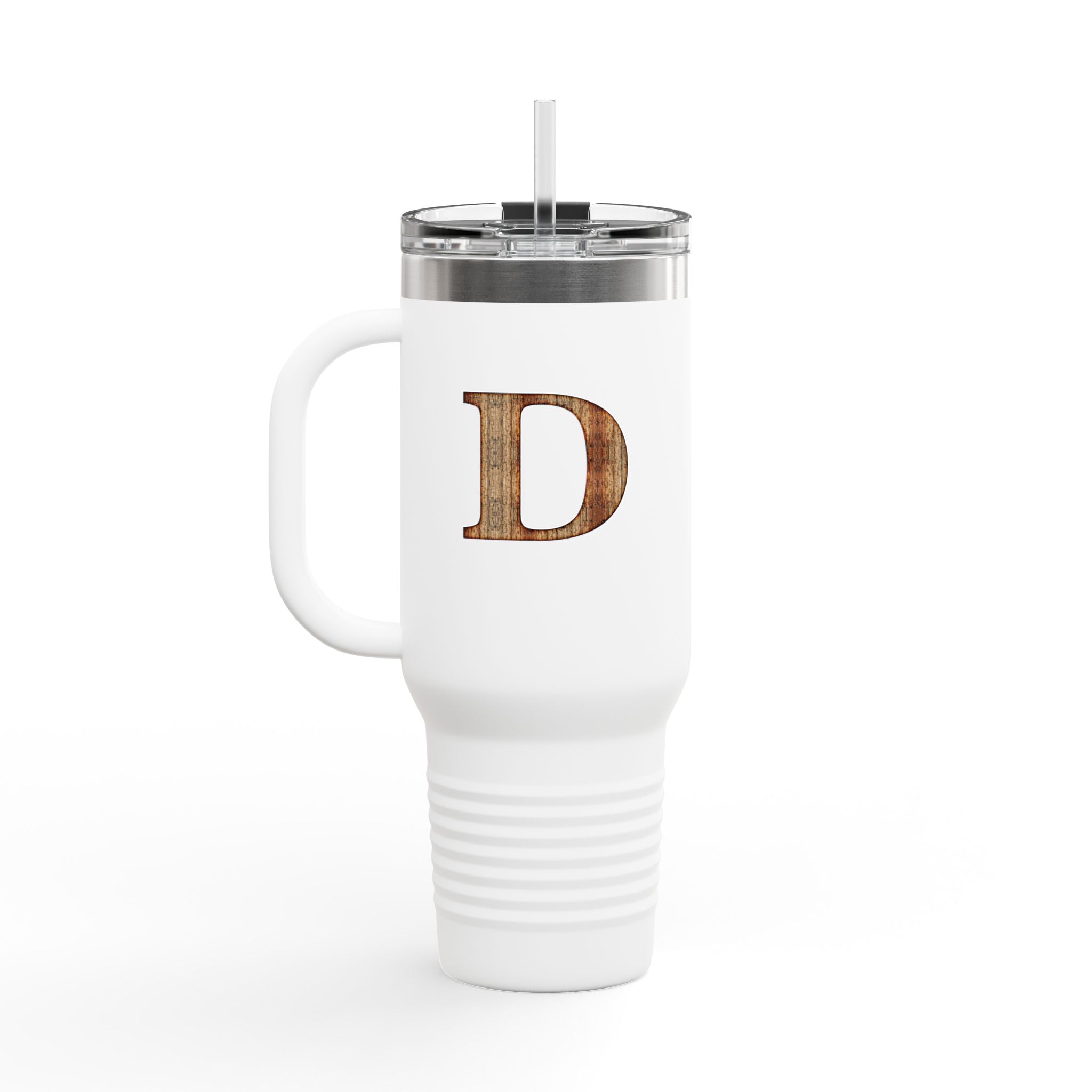 40oz Insulated Travel Mug with Rustic Wood Monogram — Personalized Letter ‘D’