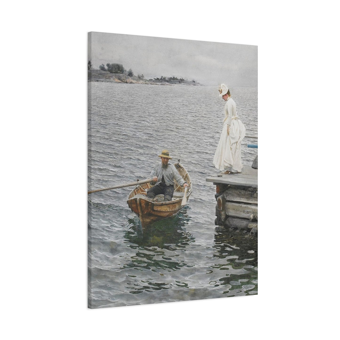Seaside Stroll Canvas Print — Vintage Woman & Rowboat Matte Stretched Art 1.25"