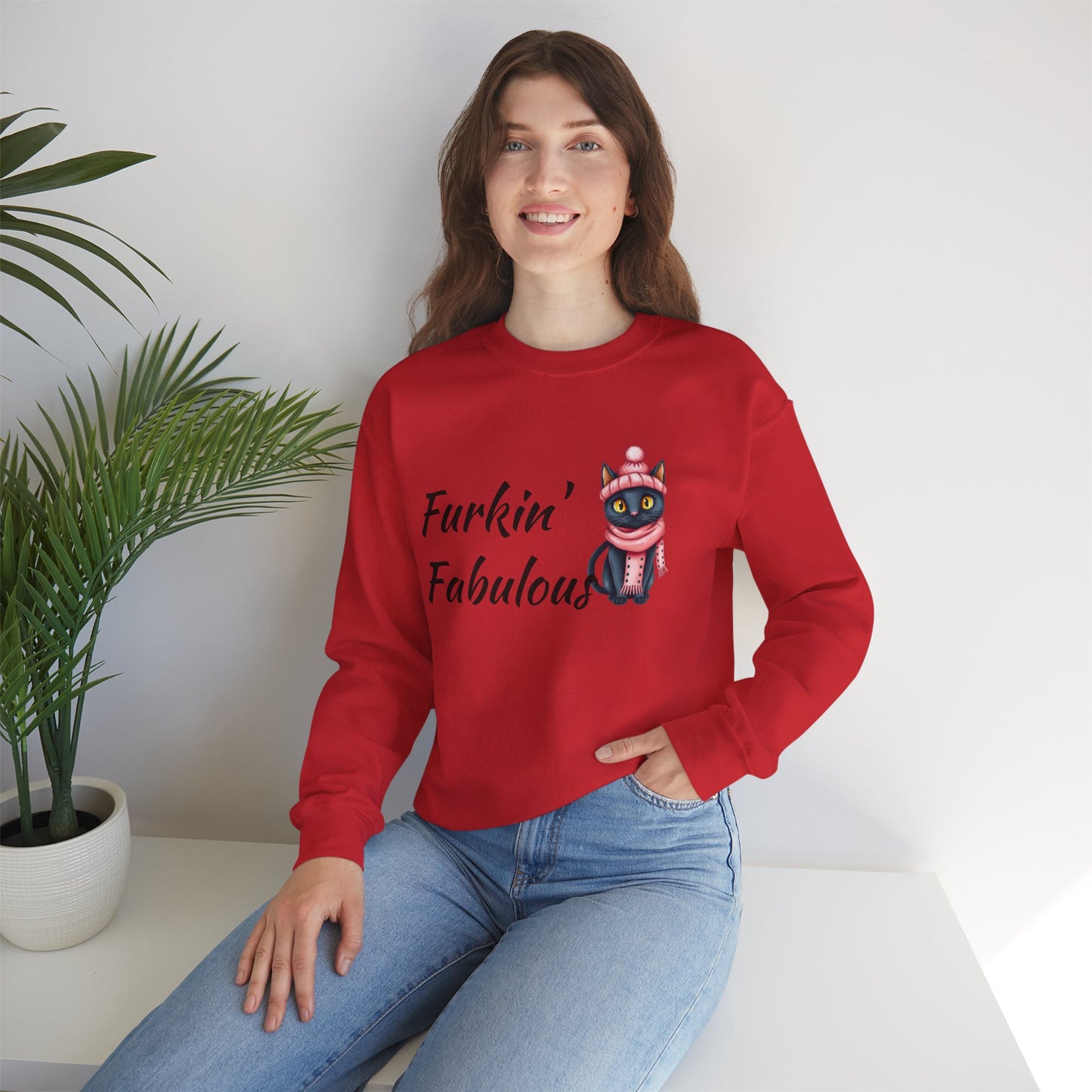 Crewneck Sweatshirt — "Furkin' Fabulous" Cute Black Cat in Pink Hat & Scarf