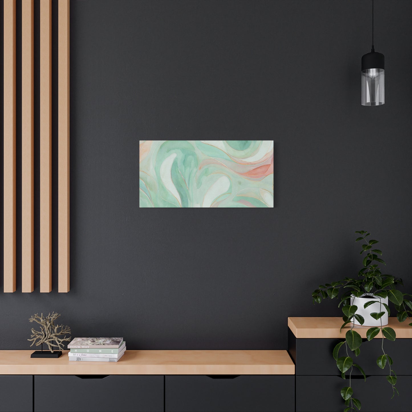 Abstract Green Marble Canvas Print — Teal & Coral Swirl Wall Art