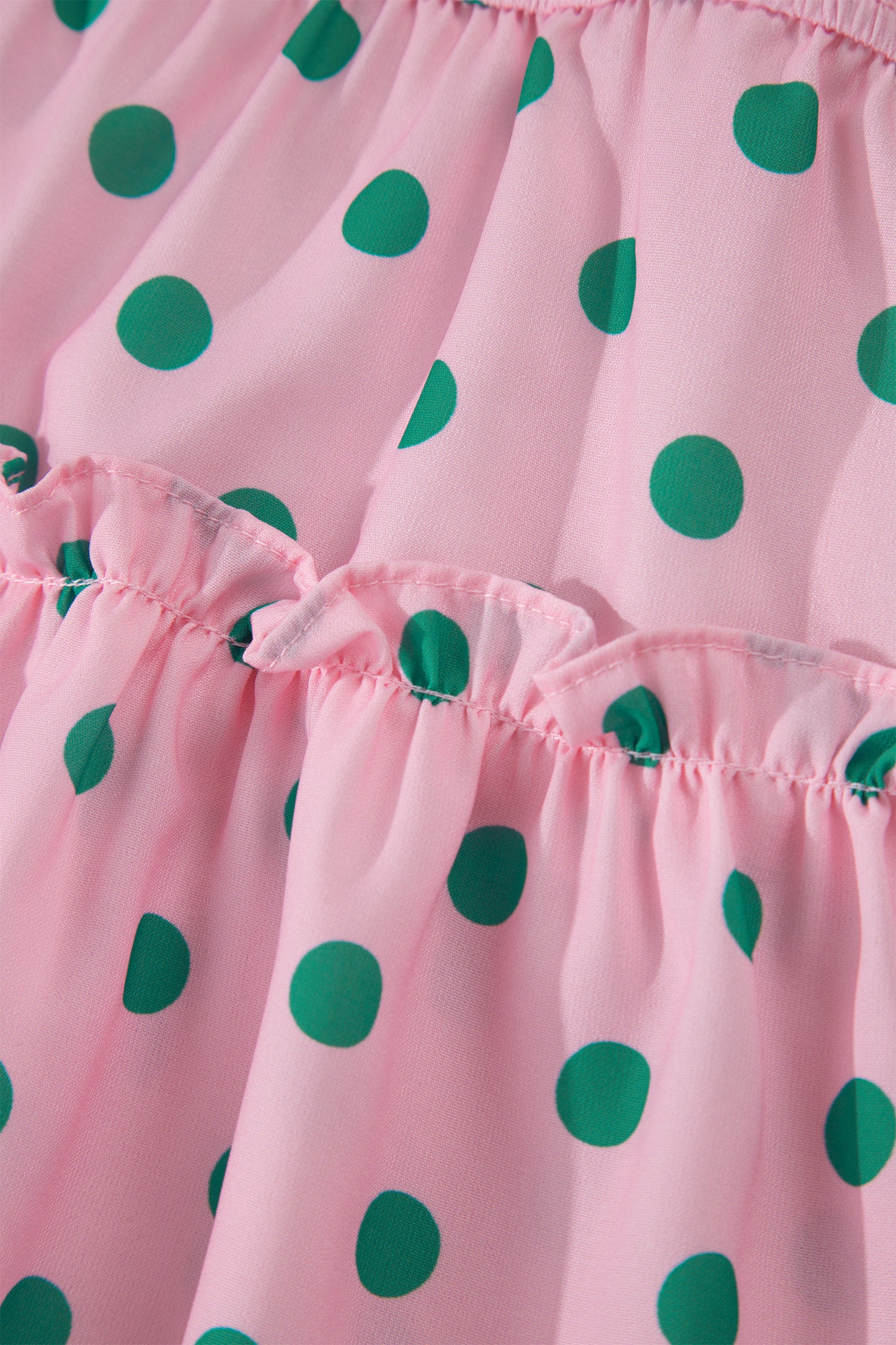 Pink V Neck Polka Dot Print Drawstring Tiered Babydoll Blouse