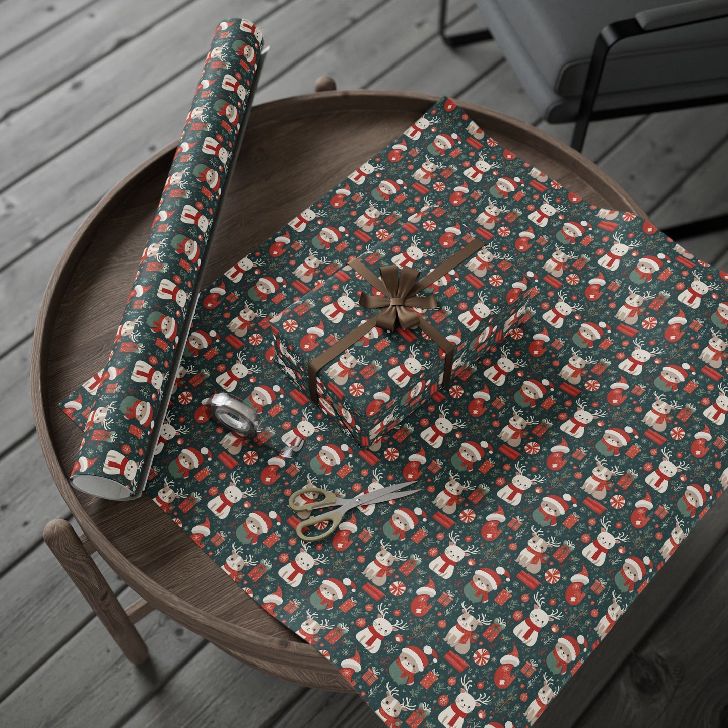 Christmas Wrapping Paper Roll — Cute Santa & Reindeer Pattern, Holiday Gift Wrap