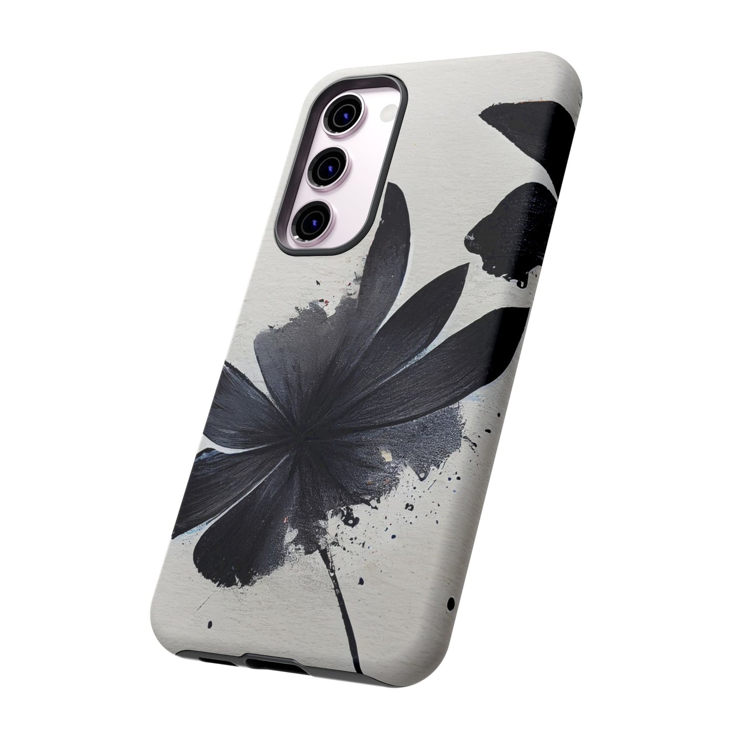 Monochrome Floral Tough Phone Case — Black Ink Flower Protective Cover
