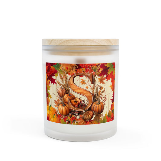 Autumn Monogram 'S' Frosted Glass Candle – Fall Pumpkin & Leaves 11oz