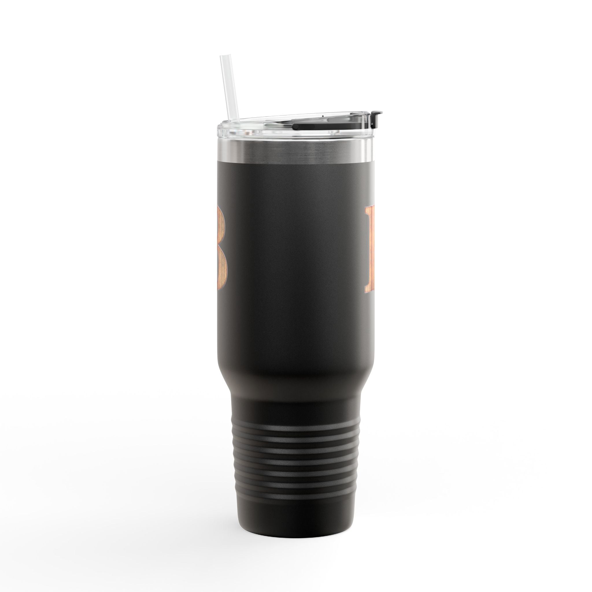 40oz Insulated Travel Mug with Rustic Wood Monogram — Letter B