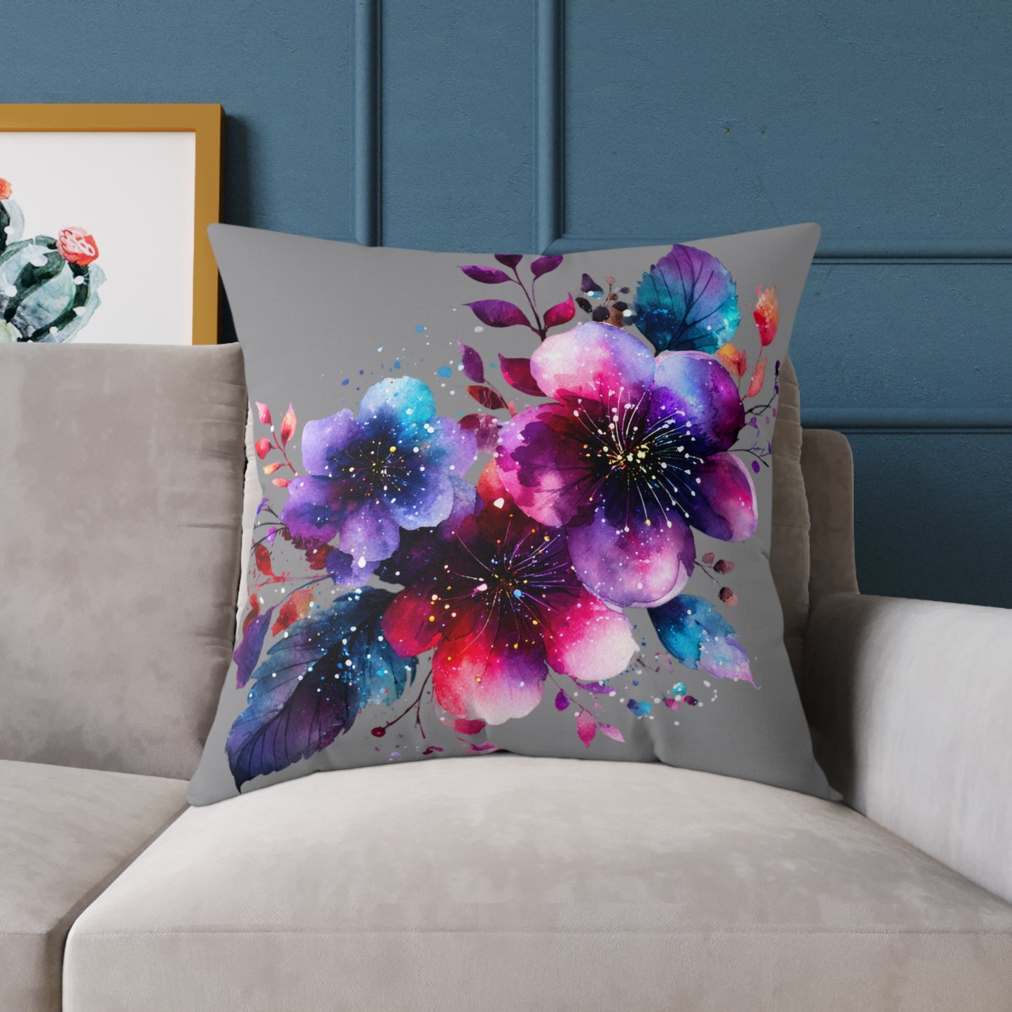 Floral Galaxy Pillow — Vibrant Watercolor Flower Square Pillow
