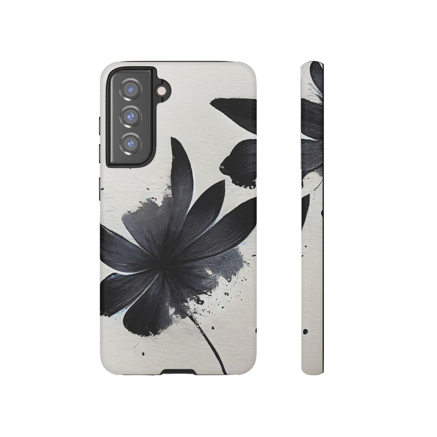 Monochrome Floral Tough Phone Case — Black Ink Flower Protective Cover